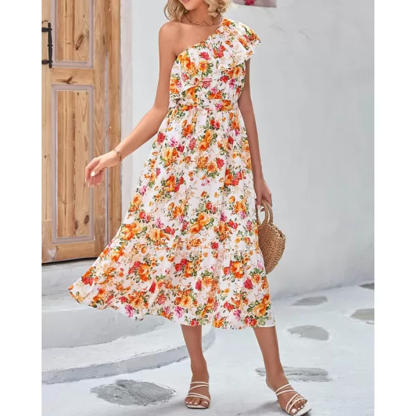 BTFBM Womens One Shoulder Maxi Dress Sleeveless Casual Summer Layered Ruffle Boho Floral Print Party Beach ALine DressesFloral White Orange