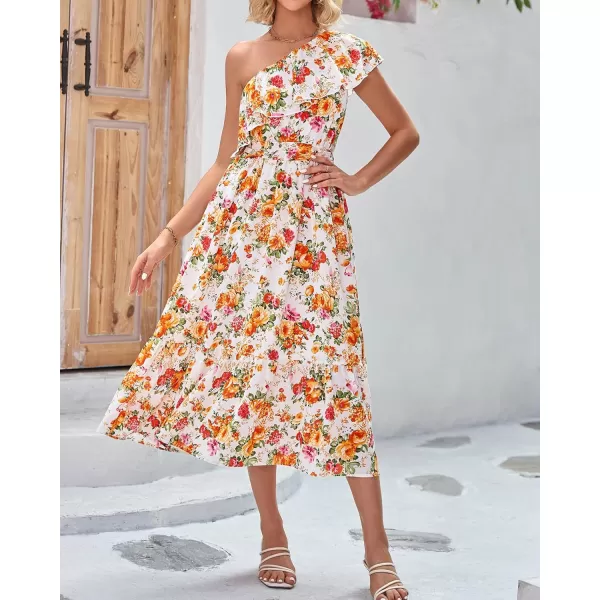 BTFBM Womens One Shoulder Maxi Dress Sleeveless Casual Summer Layered Ruffle Boho Floral Print Party Beach ALine DressesFloral White Orange