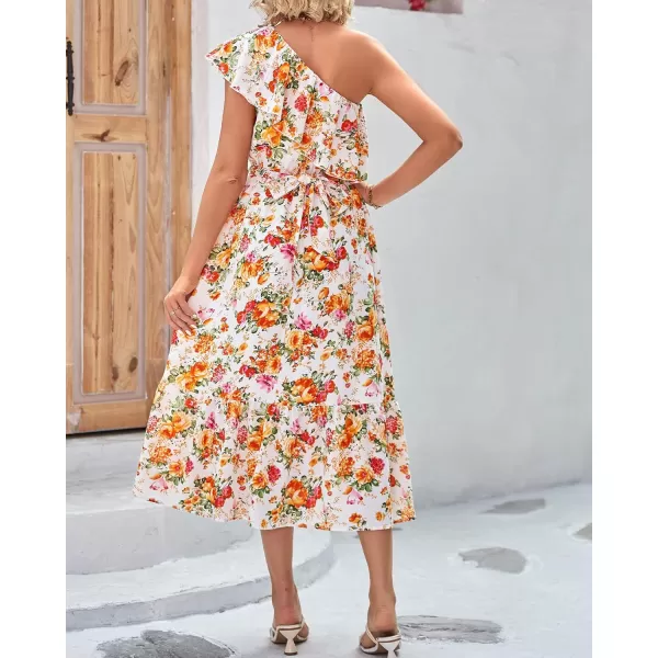 BTFBM Womens One Shoulder Maxi Dress Sleeveless Casual Summer Layered Ruffle Boho Floral Print Party Beach ALine DressesFloral White Orange