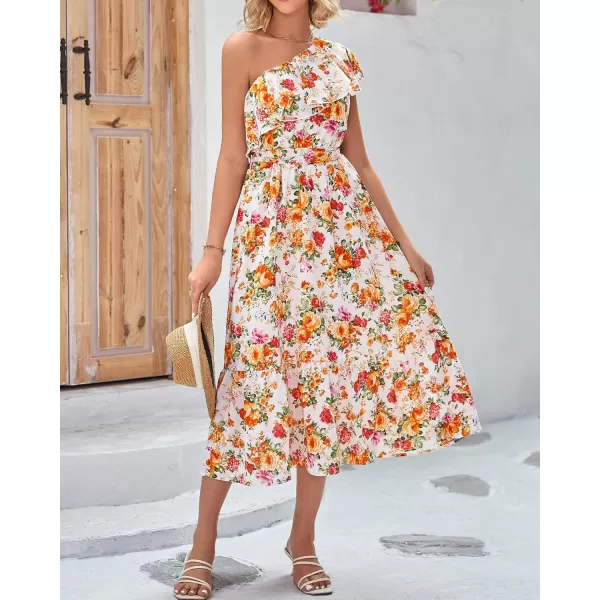 BTFBM Womens One Shoulder Maxi Dress Sleeveless Casual Summer Layered Ruffle Boho Floral Print Party Beach ALine DressesFloral White Orange