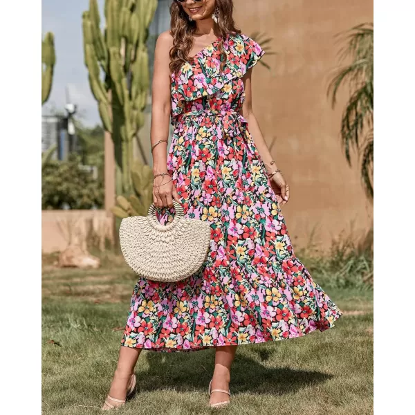 BTFBM Womens One Shoulder Maxi Dress Sleeveless Casual Summer Layered Ruffle Boho Floral Print Party Beach ALine DressesMulticolored Black