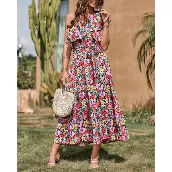BTFBM Womens One Shoulder Maxi Dress Sleeveless Casual Summer Layered Ruffle Boho Floral Print Party Beach ALine DressesMulticolored Black