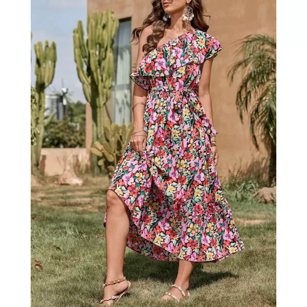 BTFBM Womens One Shoulder Maxi Dress Sleeveless Casual Summer Layered Ruffle Boho Floral Print Party Beach ALine DressesMulticolored Black