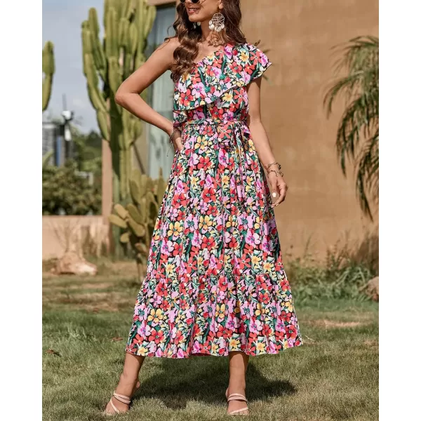 BTFBM Womens One Shoulder Maxi Dress Sleeveless Casual Summer Layered Ruffle Boho Floral Print Party Beach ALine DressesMulticolored Black