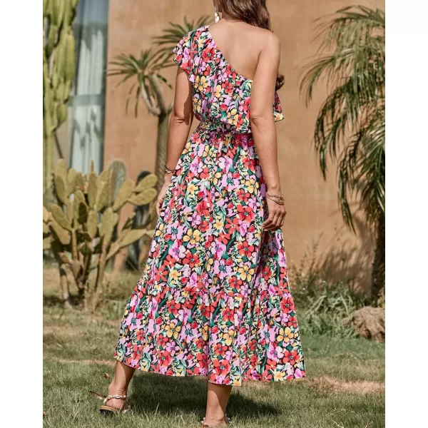 BTFBM Womens One Shoulder Maxi Dress Sleeveless Casual Summer Layered Ruffle Boho Floral Print Party Beach ALine DressesMulticolored Black