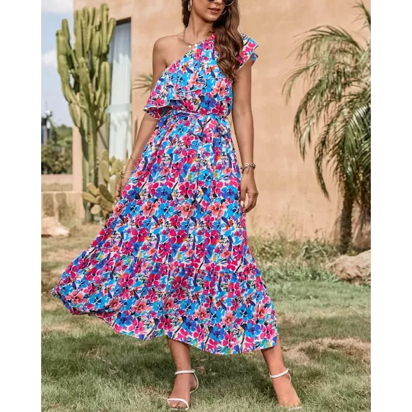 BTFBM Womens One Shoulder Maxi Dress Sleeveless Casual Summer Layered Ruffle Boho Floral Print Party Beach ALine DressesMulticolored Blue