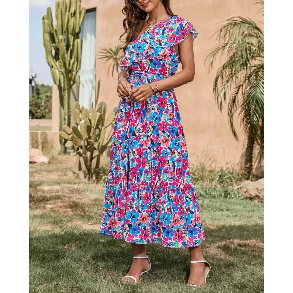 BTFBM Womens One Shoulder Maxi Dress Sleeveless Casual Summer Layered Ruffle Boho Floral Print Party Beach ALine DressesMulticolored Blue