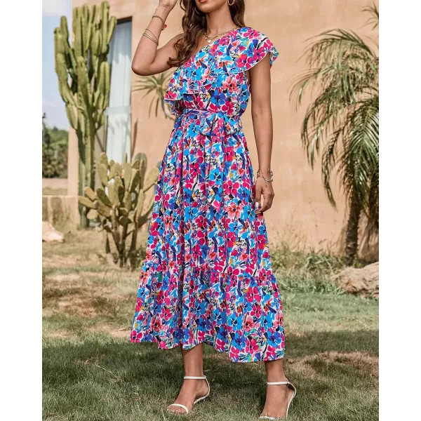 BTFBM Womens One Shoulder Maxi Dress Sleeveless Casual Summer Layered Ruffle Boho Floral Print Party Beach ALine DressesMulticolored Blue