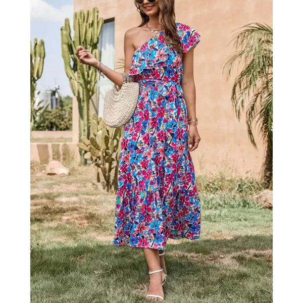 BTFBM Womens One Shoulder Maxi Dress Sleeveless Casual Summer Layered Ruffle Boho Floral Print Party Beach ALine DressesMulticolored Blue
