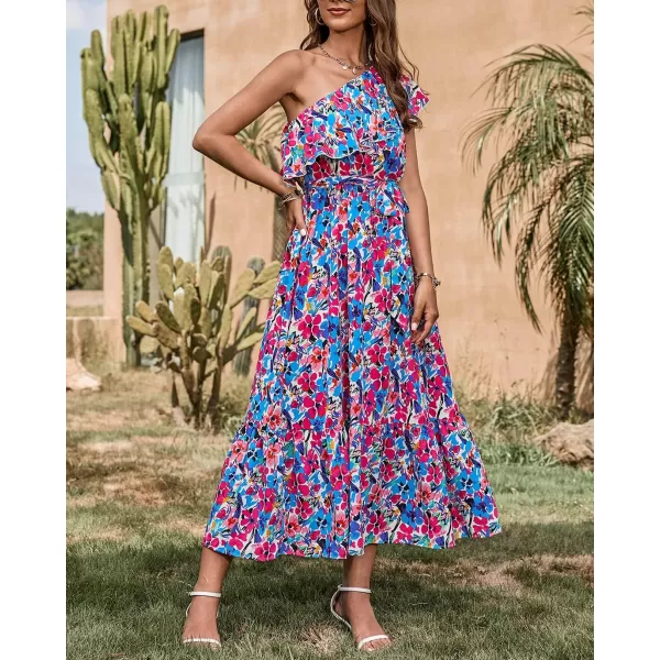 BTFBM Womens One Shoulder Maxi Dress Sleeveless Casual Summer Layered Ruffle Boho Floral Print Party Beach ALine DressesMulticolored Blue