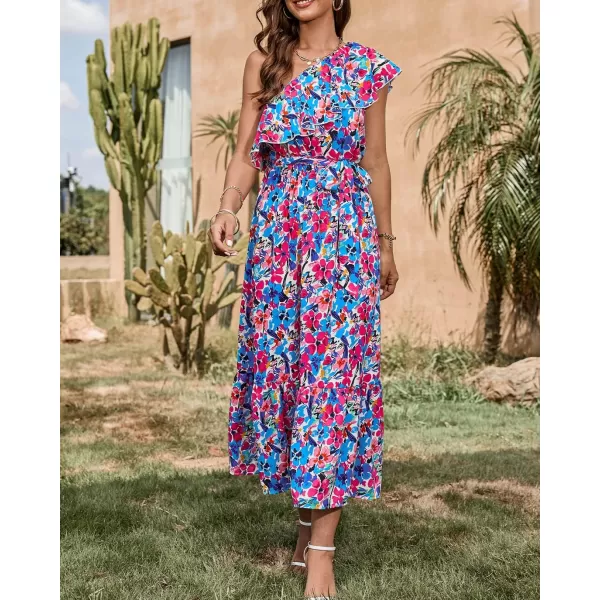 BTFBM Womens One Shoulder Maxi Dress Sleeveless Casual Summer Layered Ruffle Boho Floral Print Party Beach ALine DressesMulticolored Blue