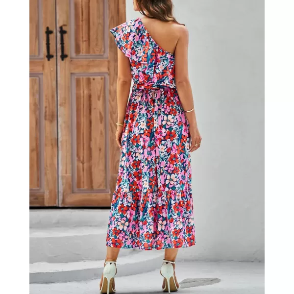 BTFBM Womens One Shoulder Maxi Dress Sleeveless Casual Summer Layered Ruffle Boho Floral Print Party Beach ALine DressesMulticolored Navy