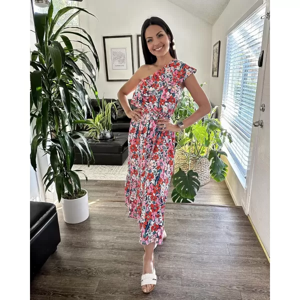 BTFBM Womens One Shoulder Maxi Dress Sleeveless Casual Summer Layered Ruffle Boho Floral Print Party Beach ALine DressesMulticolored Navy