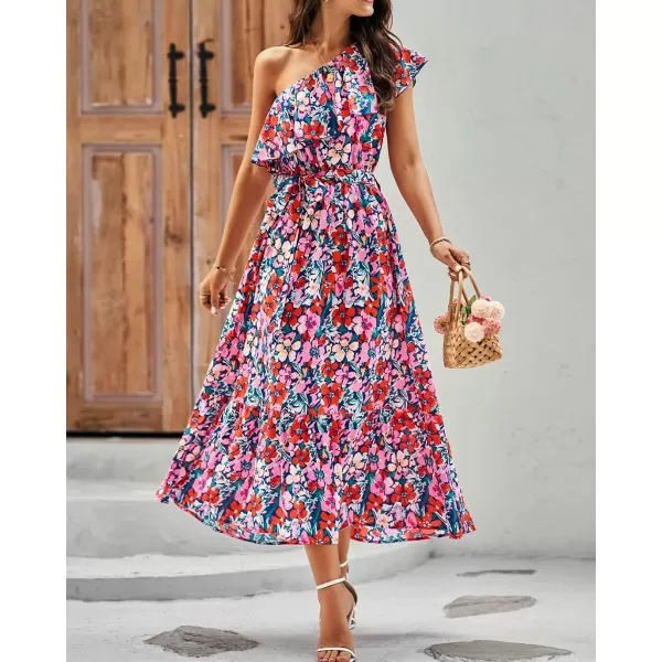 BTFBM Womens One Shoulder Maxi Dress Sleeveless Casual Summer Layered Ruffle Boho Floral Print Party Beach ALine DressesMulticolored Navy