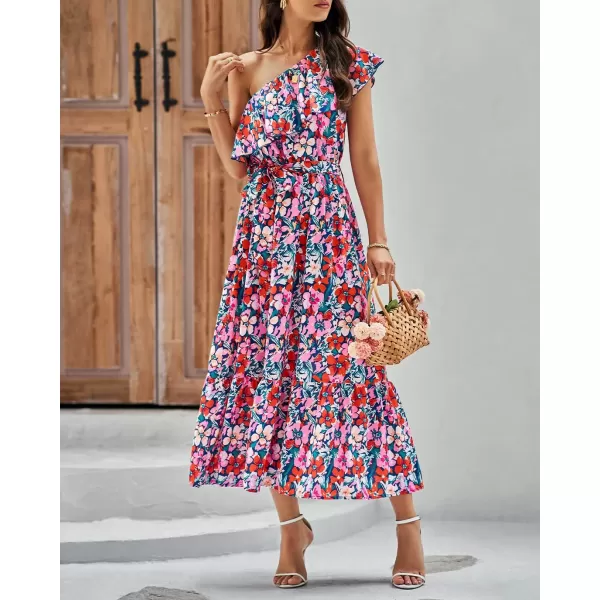 BTFBM Womens One Shoulder Maxi Dress Sleeveless Casual Summer Layered Ruffle Boho Floral Print Party Beach ALine DressesMulticolored Navy