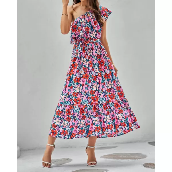 BTFBM Womens One Shoulder Maxi Dress Sleeveless Casual Summer Layered Ruffle Boho Floral Print Party Beach ALine DressesMulticolored Navy