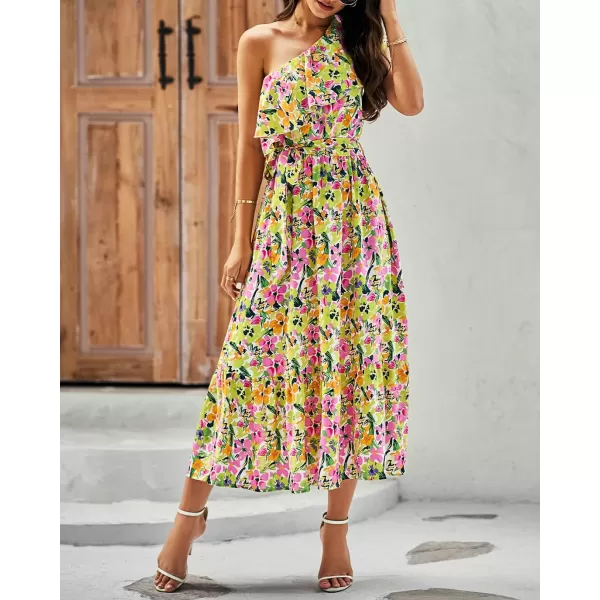 BTFBM Womens One Shoulder Maxi Dress Sleeveless Casual Summer Layered Ruffle Boho Floral Print Party Beach ALine DressesMulticolored Pink