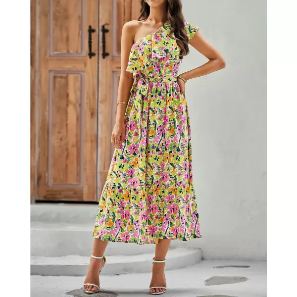 BTFBM Womens One Shoulder Maxi Dress Sleeveless Casual Summer Layered Ruffle Boho Floral Print Party Beach ALine DressesMulticolored Pink