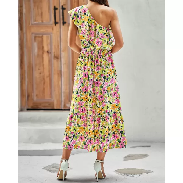 BTFBM Womens One Shoulder Maxi Dress Sleeveless Casual Summer Layered Ruffle Boho Floral Print Party Beach ALine DressesMulticolored Pink