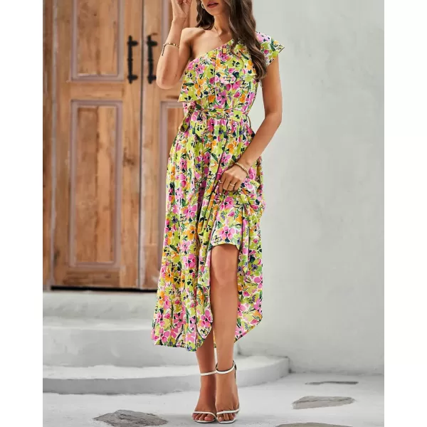BTFBM Womens One Shoulder Maxi Dress Sleeveless Casual Summer Layered Ruffle Boho Floral Print Party Beach ALine DressesMulticolored Pink