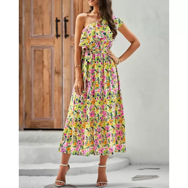 BTFBM Womens One Shoulder Maxi Dress Sleeveless Casual Summer Layered Ruffle Boho Floral Print Party Beach ALine DressesMulticolored Pink