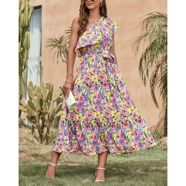 BTFBM Womens One Shoulder Maxi Dress Sleeveless Casual Summer Layered Ruffle Boho Floral Print Party Beach ALine DressesMulticolored Purple