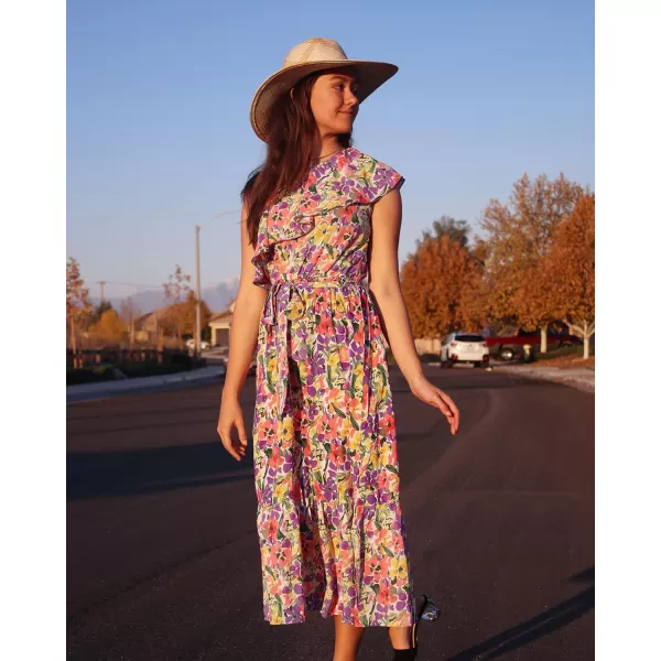 BTFBM Womens One Shoulder Maxi Dress Sleeveless Casual Summer Layered Ruffle Boho Floral Print Party Beach ALine DressesMulticolored Purple