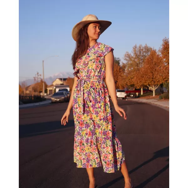 BTFBM Womens One Shoulder Maxi Dress Sleeveless Casual Summer Layered Ruffle Boho Floral Print Party Beach ALine DressesMulticolored Purple