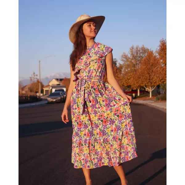 BTFBM Womens One Shoulder Maxi Dress Sleeveless Casual Summer Layered Ruffle Boho Floral Print Party Beach ALine DressesMulticolored Purple