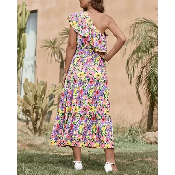 BTFBM Womens One Shoulder Maxi Dress Sleeveless Casual Summer Layered Ruffle Boho Floral Print Party Beach ALine DressesMulticolored Purple