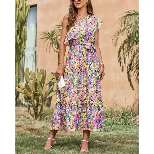 BTFBM Womens One Shoulder Maxi Dress Sleeveless Casual Summer Layered Ruffle Boho Floral Print Party Beach ALine DressesMulticolored Purple
