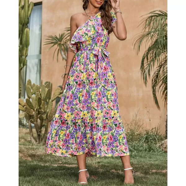 BTFBM Womens One Shoulder Maxi Dress Sleeveless Casual Summer Layered Ruffle Boho Floral Print Party Beach ALine DressesMulticolored Purple