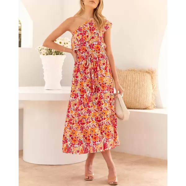 BTFBM Womens One Shoulder Maxi Dress Sleeveless Casual Summer Layered Ruffle Boho Floral Print Party Beach ALine DressesMulticolored Rose Red