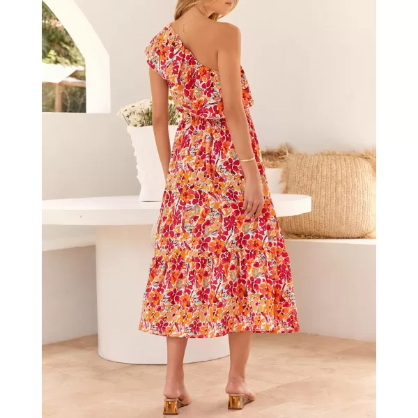 BTFBM Womens One Shoulder Maxi Dress Sleeveless Casual Summer Layered Ruffle Boho Floral Print Party Beach ALine DressesMulticolored Rose Red