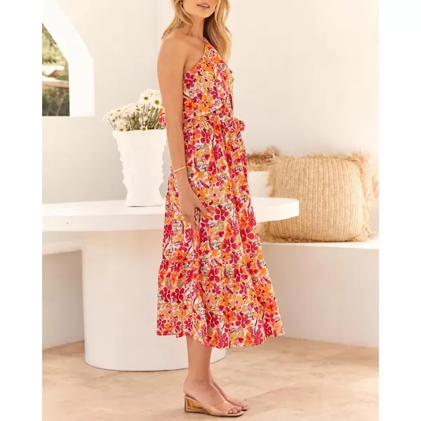 BTFBM Womens One Shoulder Maxi Dress Sleeveless Casual Summer Layered Ruffle Boho Floral Print Party Beach ALine DressesMulticolored Rose Red