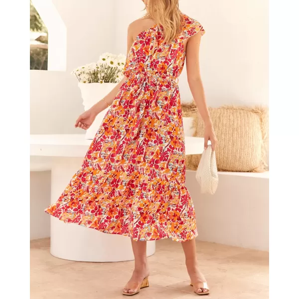 BTFBM Womens One Shoulder Maxi Dress Sleeveless Casual Summer Layered Ruffle Boho Floral Print Party Beach ALine DressesMulticolored Rose Red