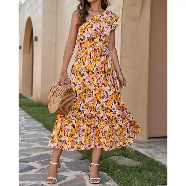 BTFBM Womens One Shoulder Maxi Dress Sleeveless Casual Summer Layered Ruffle Boho Floral Print Party Beach ALine DressesMulticolored Yellow