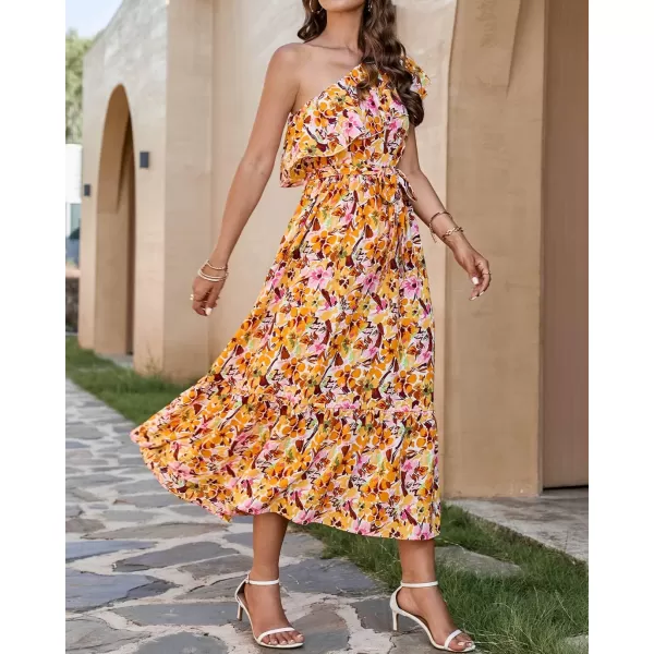 BTFBM Womens One Shoulder Maxi Dress Sleeveless Casual Summer Layered Ruffle Boho Floral Print Party Beach ALine DressesMulticolored Yellow