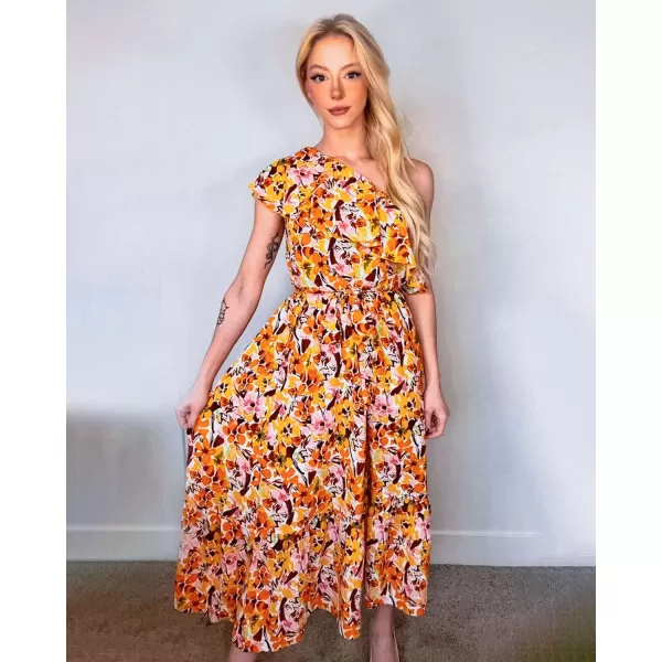 BTFBM Womens One Shoulder Maxi Dress Sleeveless Casual Summer Layered Ruffle Boho Floral Print Party Beach ALine DressesMulticolored Yellow