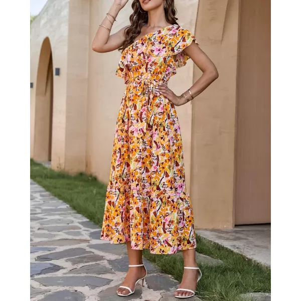 BTFBM Womens One Shoulder Maxi Dress Sleeveless Casual Summer Layered Ruffle Boho Floral Print Party Beach ALine DressesMulticolored Yellow