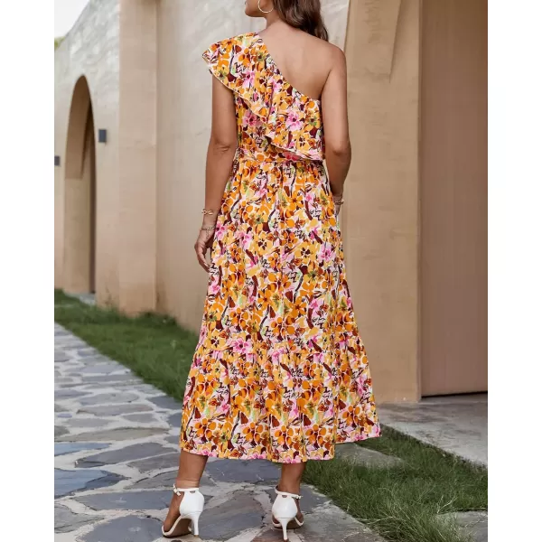 BTFBM Womens One Shoulder Maxi Dress Sleeveless Casual Summer Layered Ruffle Boho Floral Print Party Beach ALine DressesMulticolored Yellow