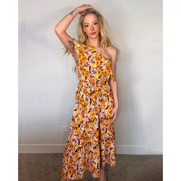 BTFBM Womens One Shoulder Maxi Dress Sleeveless Casual Summer Layered Ruffle Boho Floral Print Party Beach ALine DressesMulticolored Yellow