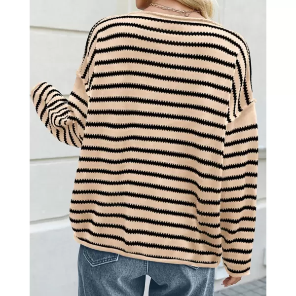 BTFBM Womens Striped Knit Sweaters 2024 Fall Winter Boat Neck Drop Shoulder Long Sleeve Loose Fit Casual Pullover TopsStriped Apricot Black