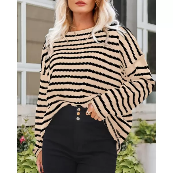 BTFBM Womens Striped Knit Sweaters 2024 Fall Winter Boat Neck Drop Shoulder Long Sleeve Loose Fit Casual Pullover TopsStriped Apricot Black