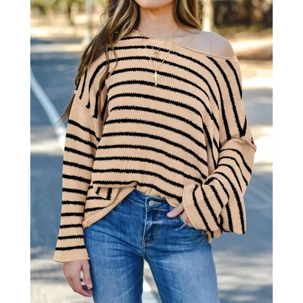 BTFBM Womens Striped Knit Sweaters 2024 Fall Winter Boat Neck Drop Shoulder Long Sleeve Loose Fit Casual Pullover TopsStriped Apricot Black