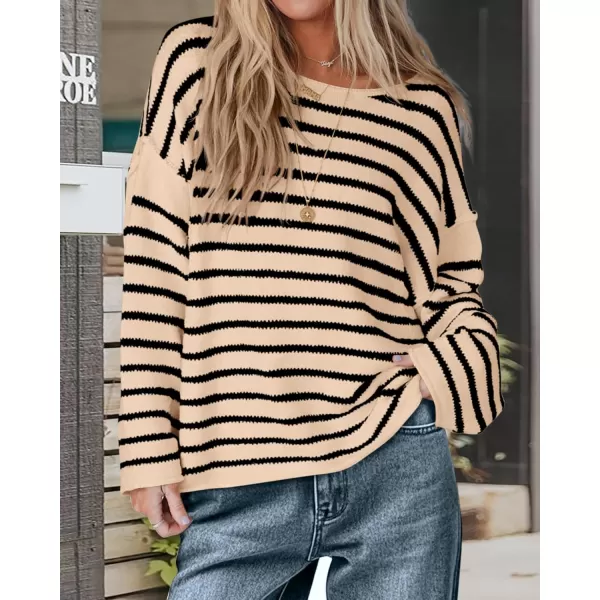 BTFBM Womens Striped Knit Sweaters 2024 Fall Winter Boat Neck Drop Shoulder Long Sleeve Loose Fit Casual Pullover TopsStriped Apricot Black