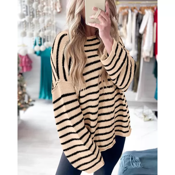 BTFBM Womens Striped Knit Sweaters 2024 Fall Winter Boat Neck Drop Shoulder Long Sleeve Loose Fit Casual Pullover TopsStriped Apricot Black
