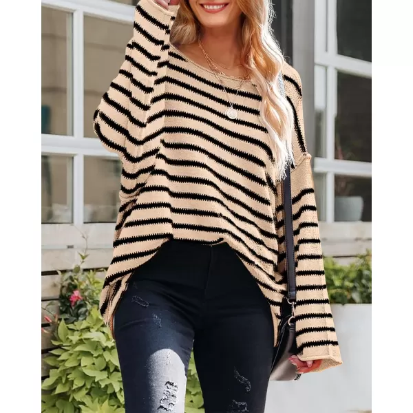 BTFBM Womens Striped Knit Sweaters 2024 Fall Winter Boat Neck Drop Shoulder Long Sleeve Loose Fit Casual Pullover TopsStriped Apricot Black