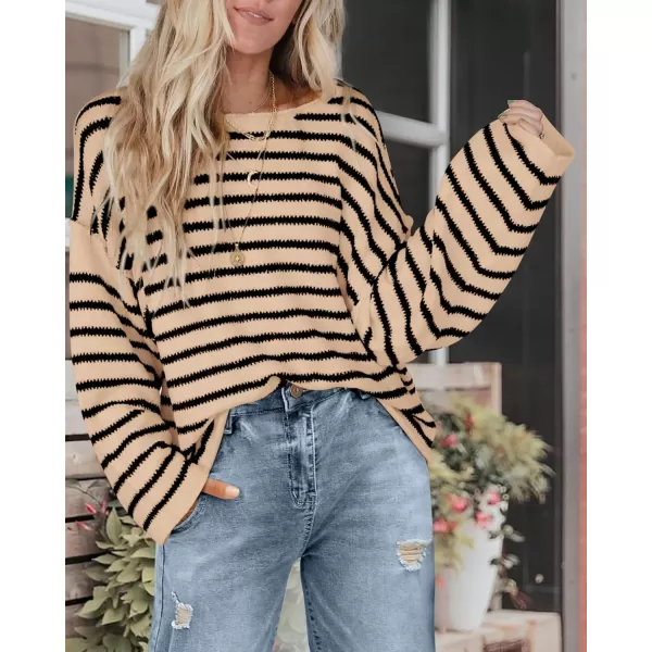 BTFBM Womens Striped Knit Sweaters 2024 Fall Winter Boat Neck Drop Shoulder Long Sleeve Loose Fit Casual Pullover TopsStriped Apricot Black