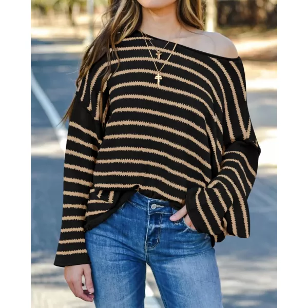 BTFBM Womens Striped Knit Sweaters 2024 Fall Winter Boat Neck Drop Shoulder Long Sleeve Loose Fit Casual Pullover TopsStriped Black Khaki